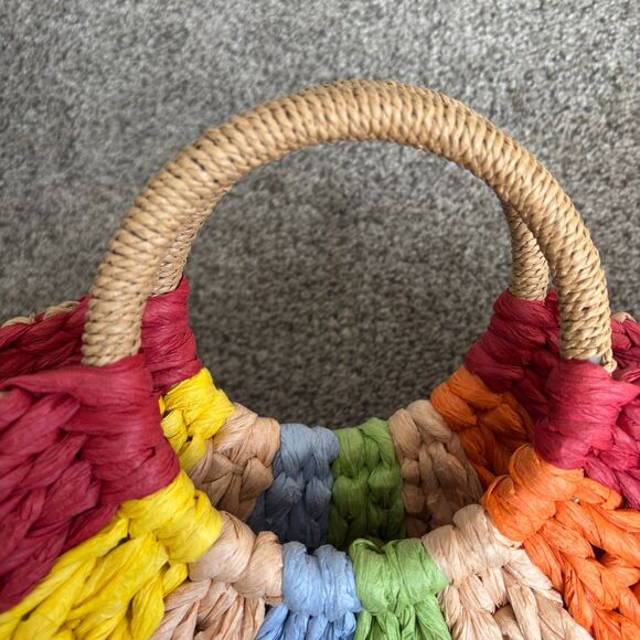 Vibrant Colorful Retro Semi-Circle Rattan Straw Bag 16"W x 13" H x 8" D - Picture 3 of 5